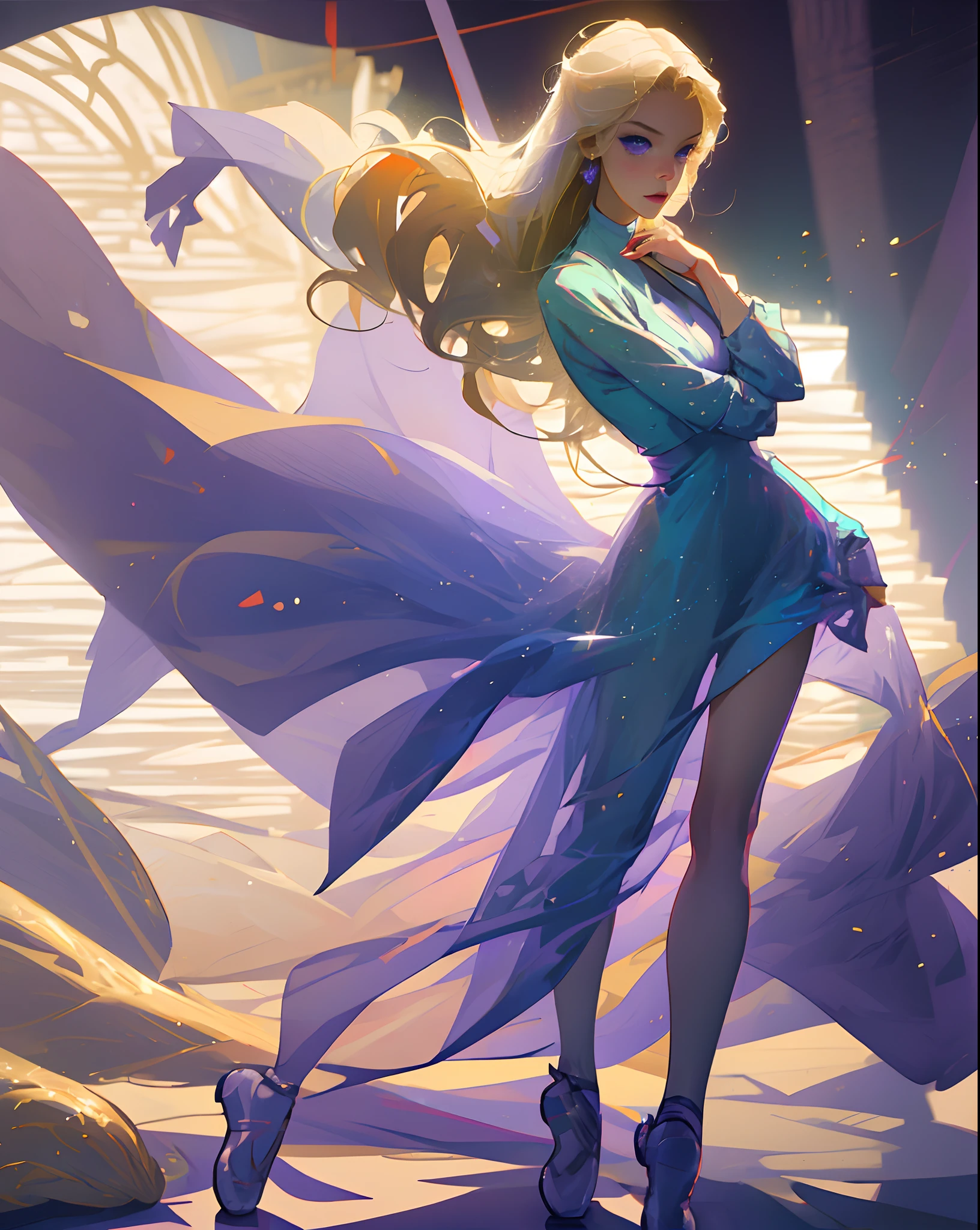 full body of a thin girl wearing casual clothing she is a ballet dancer with blonde hair, purple eyes, and is elegant.