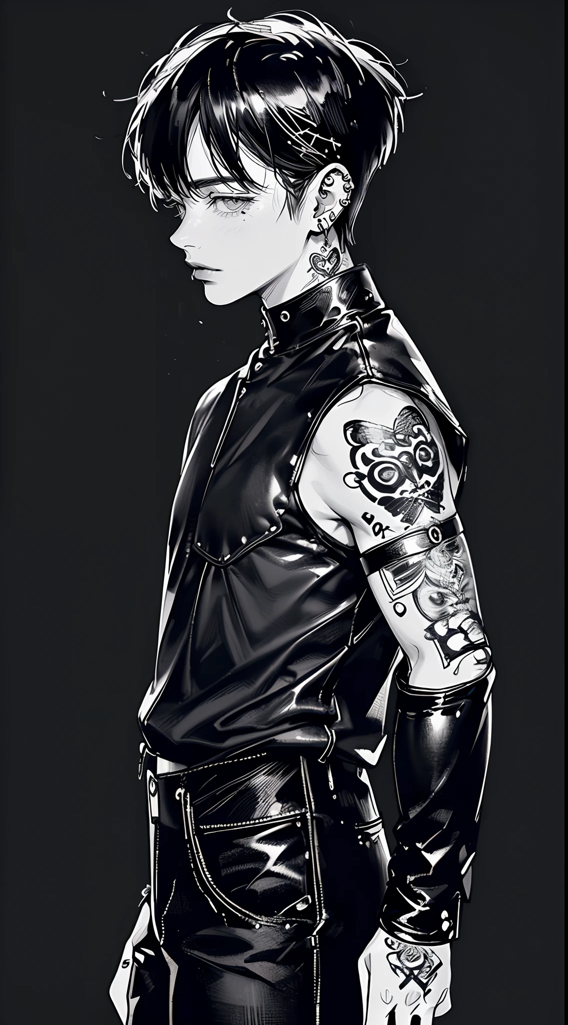(4K works))、​masterpiece、(top-quality)、((black backgrounds))、Korean Male、Adult male、((Adult 50 years old))、((Adult uncle type))、((Leather Jeans Style))、((Face similar to Hyunjin))、Cool Men、tall、((Wild features))、((Long sleeve long trouser style))、((Smaller face))、Slim body、(((short-haired)))、((shot from a side angle))、((profile))、((Turn the body to the side))、((Shot alone))、((Solo Photography))、Professional Photos、((He is in front of the viewer))、((Monochrome photography))、((Upper body photography))、((Wear a lot of piercings))、((Mouth piercing))、((Icon Photo))、((Sick Boys))、((Mine Boys))、((tattoo))、((Mine photo))