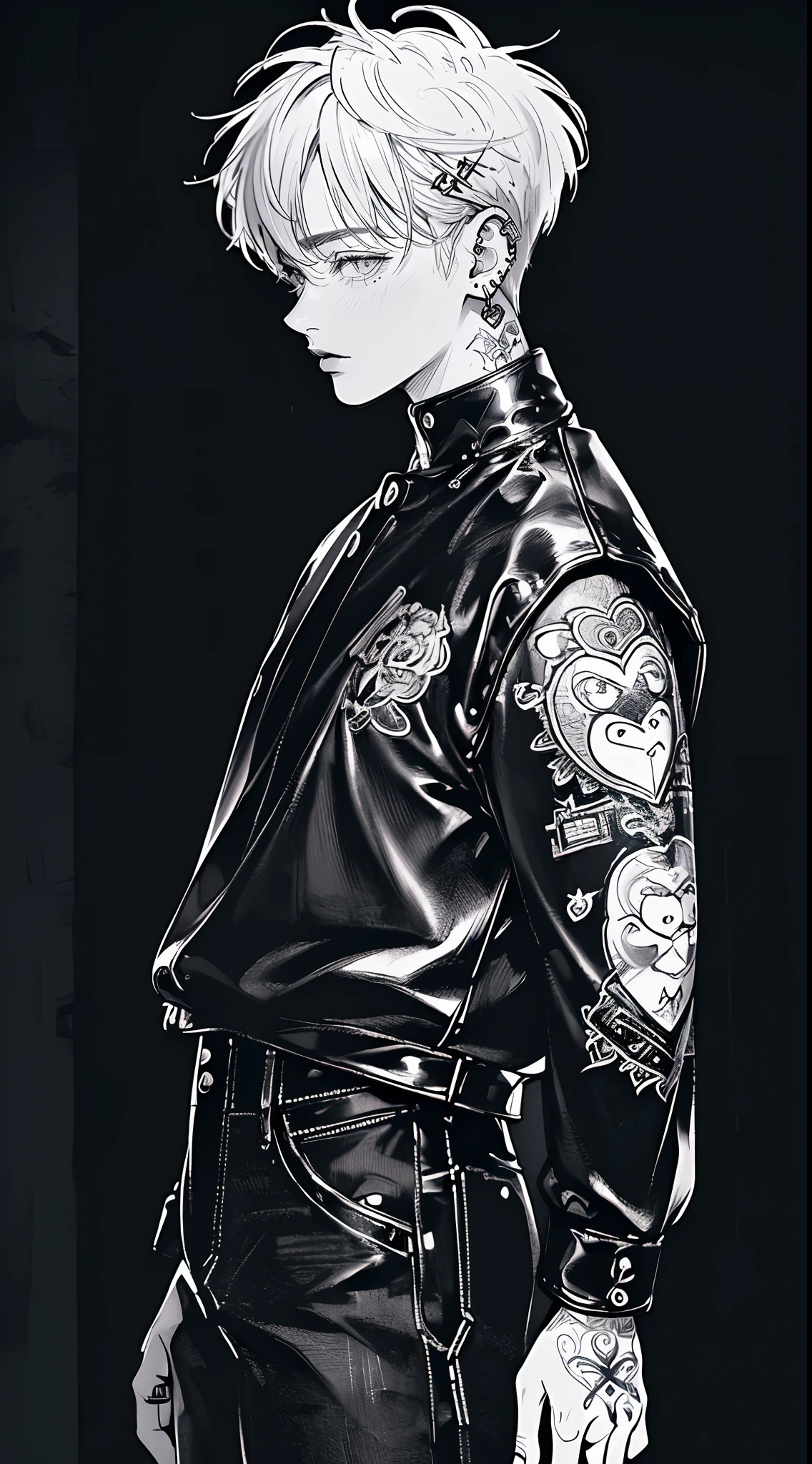 (4K works))、masterpiece、(top-quality)、((black backgrounds))、Korean Male、Adult male、((Adult 50 years old))、((Adult uncle type))、((Leather Jeans Style))、((Face similar to Hyunjin))、Cool Men、tall、((Wild features))、((Long sleeve long trouser style))、((Smaller face))、Slim body、(((short-haired)))、((shot from a side angle))、((profile))、((Turn the body to the side))、((Shot alone))、((Solo Photography))、Professional Photos、((He is in front of the viewer))、((Monochrome photography))、((Upper body photography))、((Wear a lot of piercings))、((Mouth piercing))、((Icon Photo))、((Sick Boys))、((Mine Boys))、((tattoo))、((Mine photo))