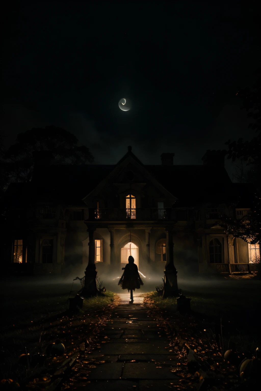 "Describe an image of a spooky and atmospheric Halloween night. In the scene, observe a dense and dark forest shrouded in thick fog that stretches as far as the eye can see. In the foreground, there's a narrow, winding path that disappears into the darkness. Along the path, pumpkin lanterns light the way, casting a trembling amber light that dances through the trees, creating eerie shadows.
To the left of the path, there's an abandoned and sinister mansion with broken windows and dead vines crawling up the walls. The mansion is bathed in a pale moonlight that accentuates its macabre details.
In the night sky, the full moon shines in deep orange, casting a ghostly light over the scene. Hovering in the sky, there's a dark and menacing cloud that resembles a scary face looking down.
On the path, you notice figures dressed in monster and ghost costumes, walking towards the mansion. They carry baskets of candy and carved pumpkins. Somewhere in the shadows, you can hear the distant sound of laughter and the howling of a wolf.
The atmosphere is tense and filled with mystery, capturing the true spirit of Halloween. Describe this image in detail, highlighting the elements that make it genuinely creepy and intriguing.