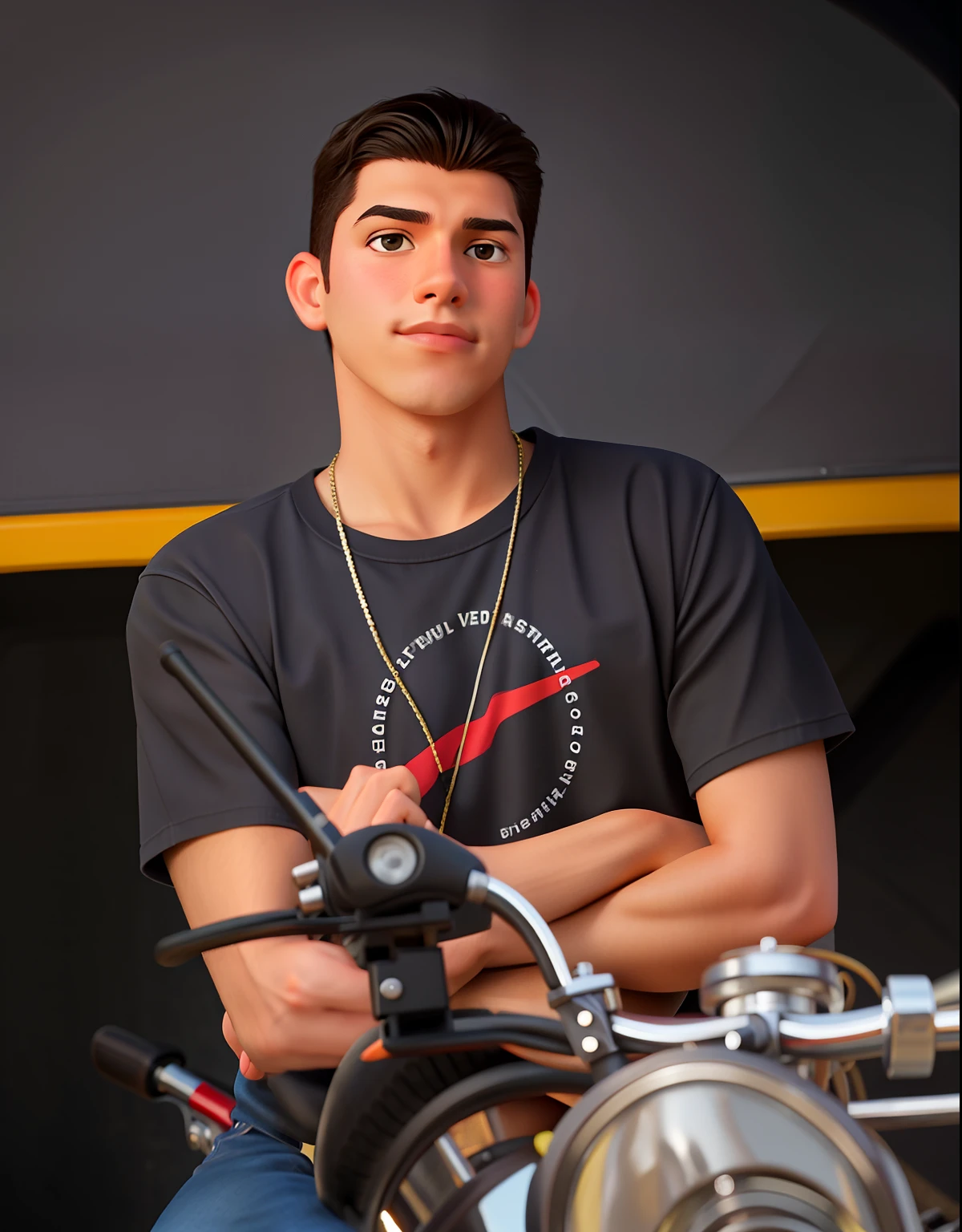 Poster estilo Disney/Pixar, 14-year-old boy sitting on a motorcycle with arms crossed, Asher Duran, Condutor de Ene, inspirado em Nathan Oliveira, Riyahd Cassiem, Cristiano Orrillo, ariel perez, andres rios, Tiago Zapata, david marquez, Directed by: John O'Gorman, andrew gonzalez, Directed by: Byron Galvez, Joel Torres, sentado em uma motocicleta