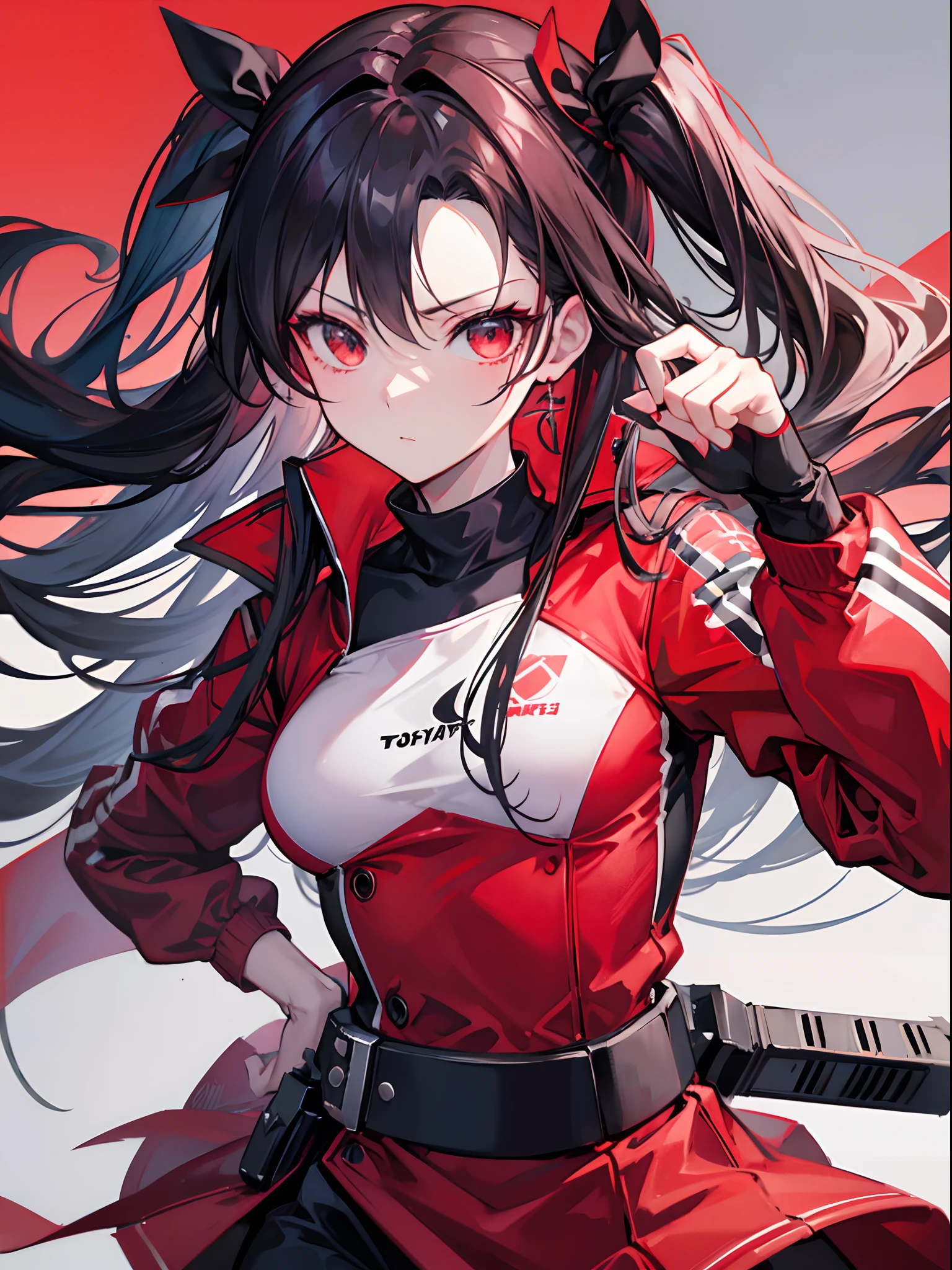 Rin tohsaka, techwear, red outfit, tokyo background, potrait, detailed, face detail, dynamic pose