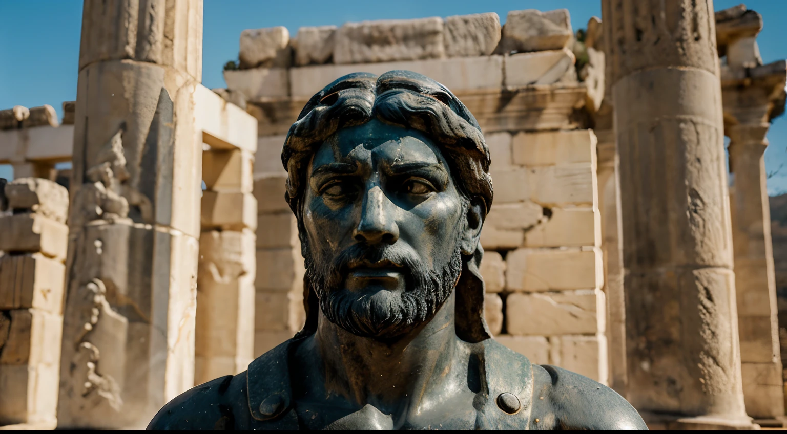 Ancient Stoic Statue With Very Angry Expression, tem barba, muitos detalhes em ambos os olhos, Outside, fundo atenas grego, open sky, com rosto extremamente detalhado full body view, Colors with low saturation with dark tone, Filmado em Sony A7S III com Sony FE 35mm f/1.8, 12.1 MP, --AR 3:2 --estilo cru