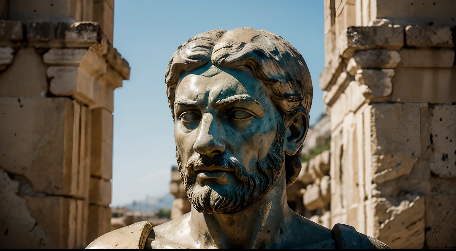 Ancient Stoic Statue With Very Angry Expression, tem barba, muitos detalhes em ambos os olhos, Outside, fundo atenas grego, open sky, com rosto extremamente detalhado full body view, Colors with low saturation with dark tone, Filmado em Sony A7S III com Sony FE 35mm f/1.8, 12.1 MP, --AR 3:2 --estilo cru