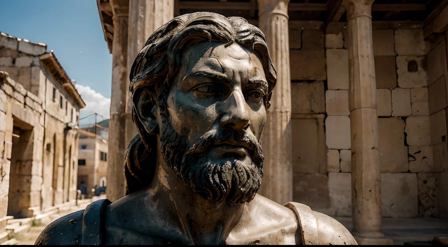 Ancient Stoic Statue With Very Angry Expression, tem barba, muitos detalhes em ambos os olhos, Outside, fundo atenas grego, open sky, com rosto extremamente detalhado full body view, Colors with low saturation with dark tone, Filmado em Sony A7S III com Sony FE 35mm f/1.8, 12.1 MP, --AR 3:2 --estilo cru