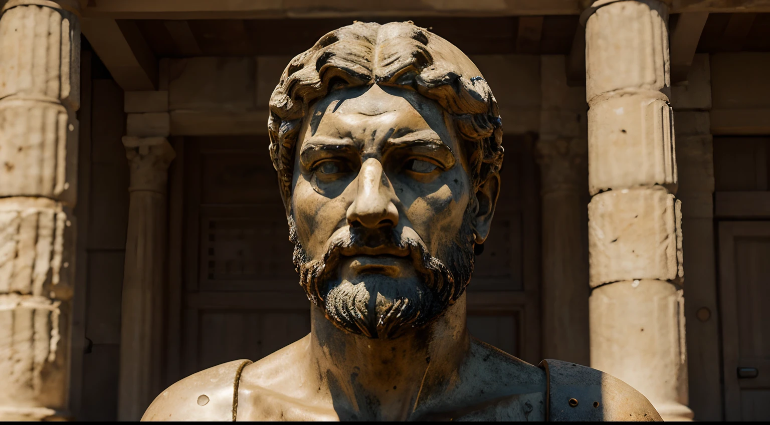 Ancient Stoic Statue With Very Angry Expression, tem barba, muitos detalhes em ambos os olhos, Outside, fundo atenas grego, open sky, com rosto extremamente detalhado full body view, Colors with low saturation with dark tone, Filmado em Sony A7S III com Sony FE 35mm f/1.8, 12.1 MP, --AR 3:2 --estilo cru