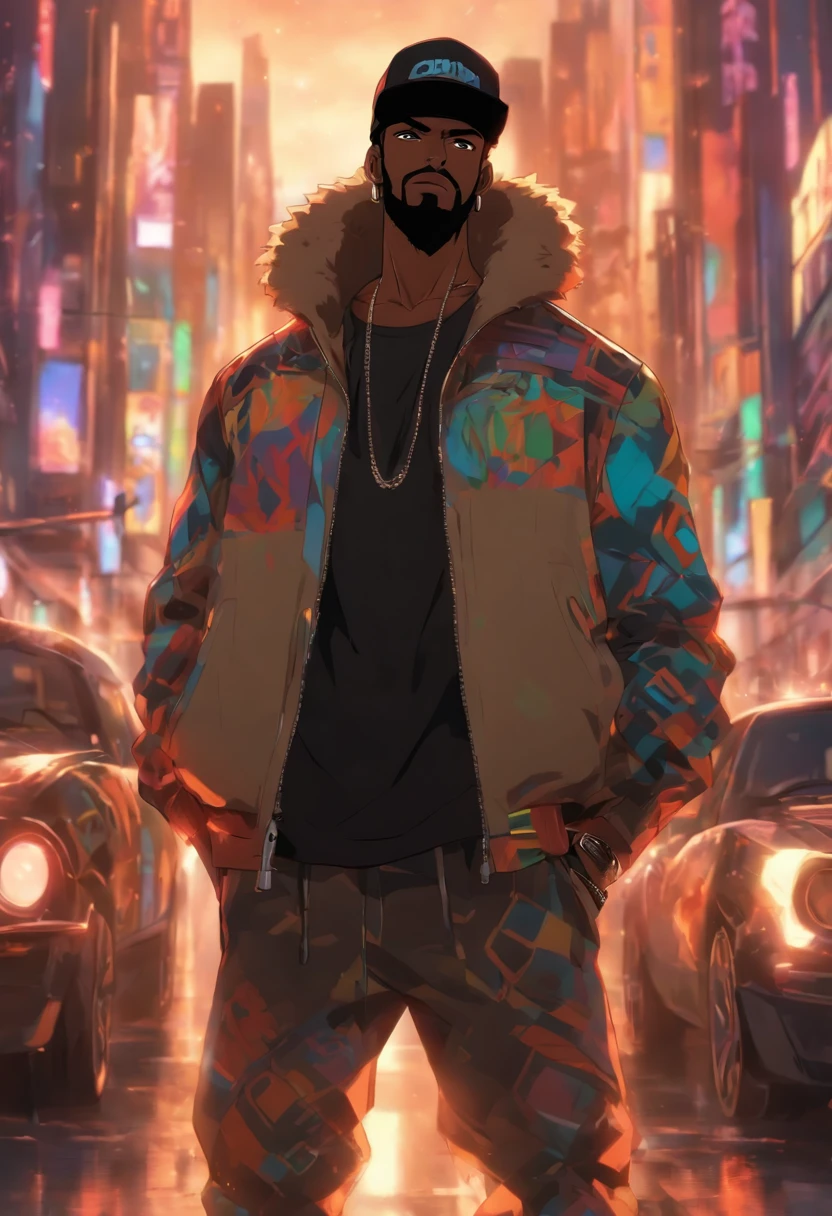 black man standing in a city full of sound speakers, light brown skin, wearing a cap, short black beard, standing next too a car