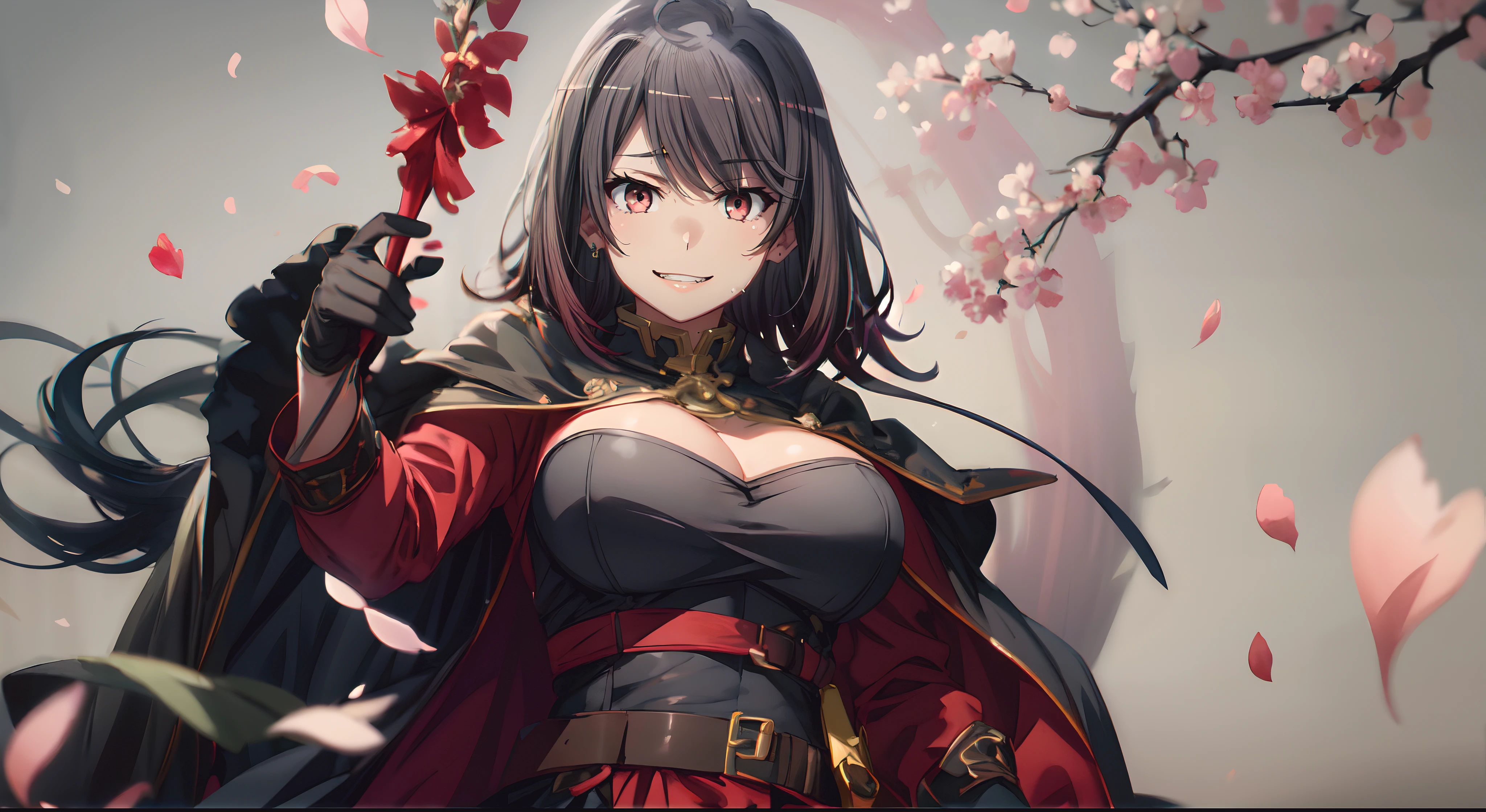 yukinoshita haruno, short hair, cape, 1girl, petals, long_hair, breasts, purple_eyes, gloves, solo, smile, black_hair, looking_at_viewer, black_gloves, bangs, hair_ornament, upper_body, dress, blurry, depth_of_field, very_long_hair, tassel, cape, blurry_foreground, holding, black_dress, elbow_gloves, large_breasts, grin, parted_lips, wide_sleeves, cleavage, blunt_bangs, "Photorealistic, Hyperrealistic, Hyperdetailed, analog style, soft lighting, subsurface scattering, realistic, heavy shadow, masterpiece, best quality, ultra realistic, 8k, golden ratio, Intricate, High Detail, film photography, soft focus"