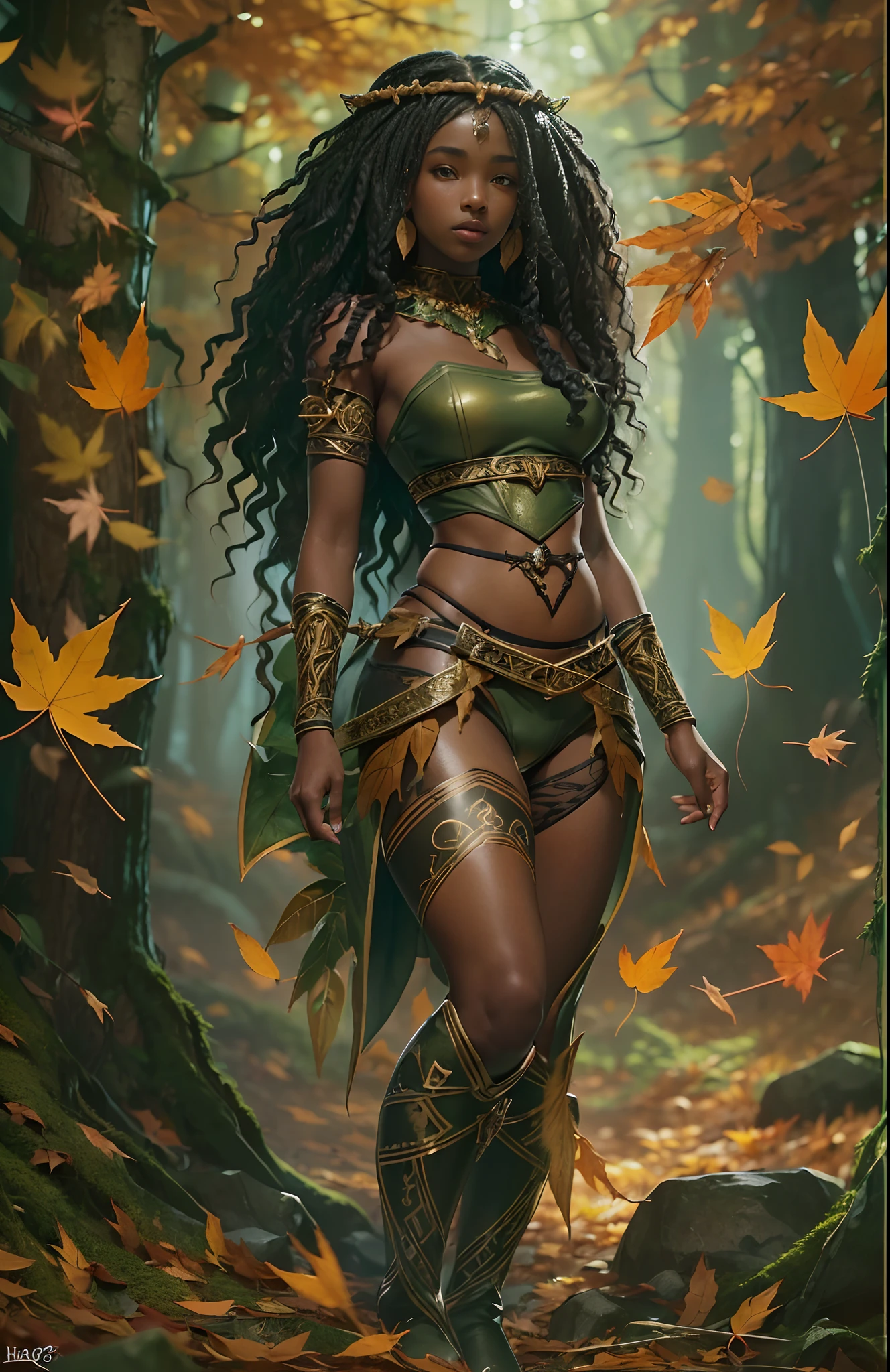 ((16-year-old))) black girl, (((light skin))), druid, magical aura surrounding her, she is in the forest with monsters surrounding her, (((thigh gap))), (((cameltoe))), (((close-up full body pose))), long black wavy hair, high heel boots, (((wearing leaves))), (((Dungeons and Dragons style art))), fantasy art, Rich, Deep Colours, (intricate details:0.9), (HDR, hyper-detailing:1.2), (natural skin textures, hyper realisitc, soft light, Sharp),