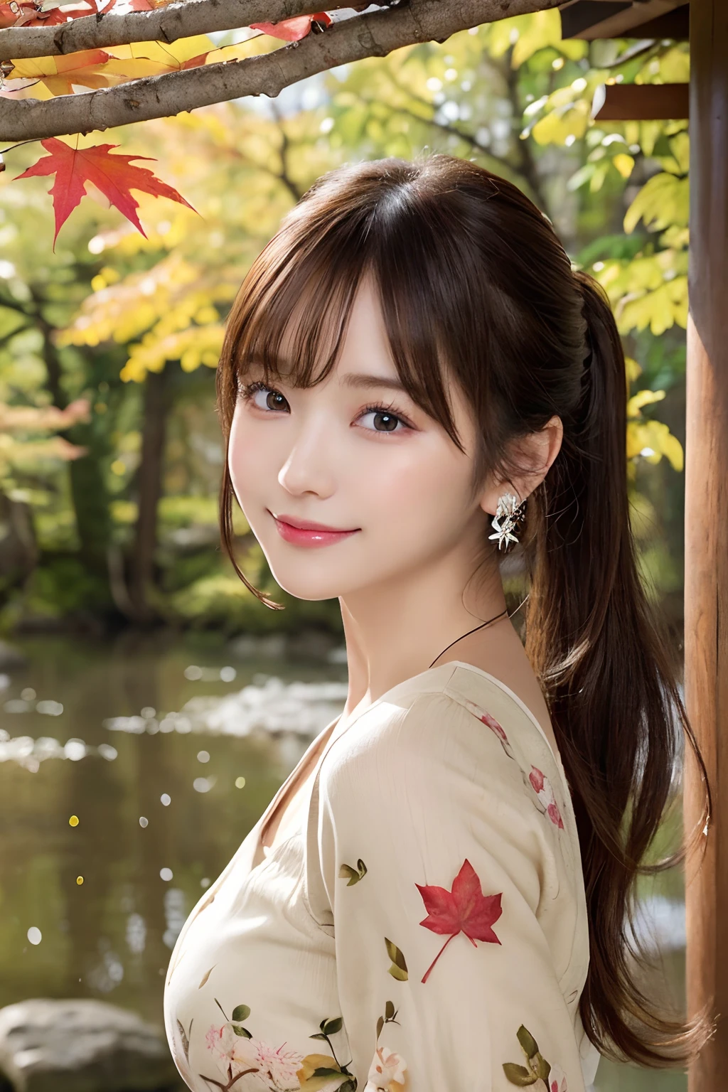 (A hyper-realistic), (illustratio), (hight resolution), (8K), (ighly detailed), (The best illustrations), (Beautiful detailed eyes), (top-quality), (ultra-detailliert), (​masterpiece), (wall-paper), (详细的脸), (beautiful smiling face)、(beautiful countenance)、long、Earrings with bangs、独奏、(((Cute Japan Beautiful Girl)))、  Japan beautiful girl 25 years old))、 (())、(((G Cup Big)))agitation、real looking skin、Hair fluttering in the wind、date、date、Date Clothes、Autumn clothes、autumnal、Colored leaves、Autumn foliage background、naturey、date、cute  face、Ponytail hair