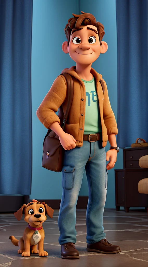 Criar uma imagem de um homem de 40 anos andando em New York pos apocaliptica com seu cachorro ao lado, de frente para a camera. o estilo da imagem deve ser ser pixar- disney 3D.