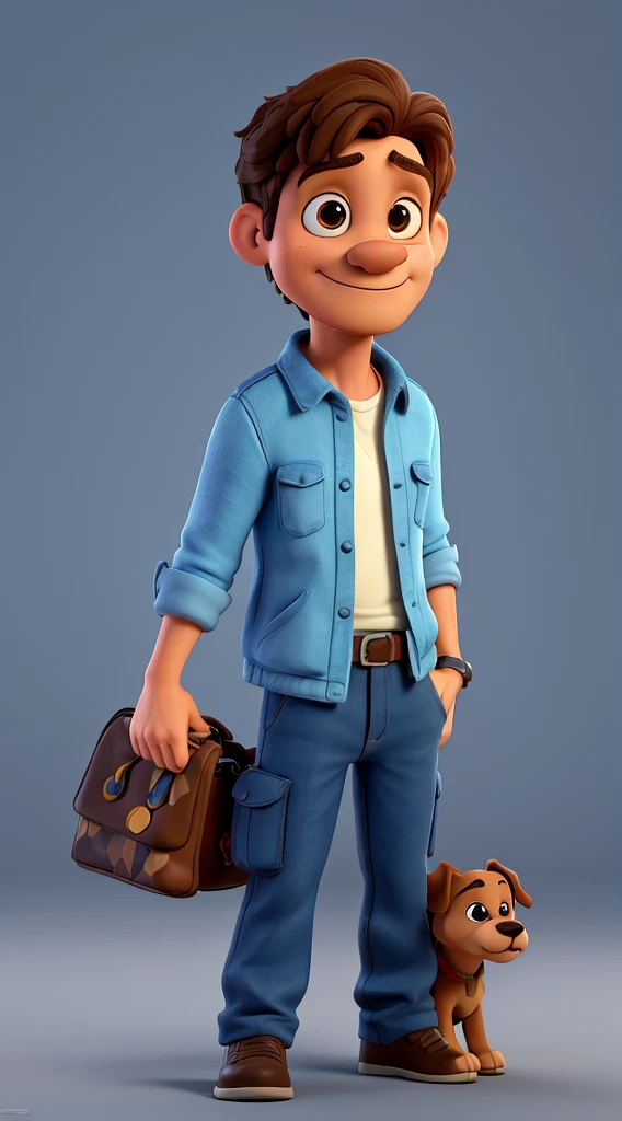 Criar uma imagem de um homem de 40 anos andando em New York pos apocaliptica com seu cachorro ao lado, de frente para a camera. o estilo da imagem deve ser ser pixar- disney 3D.