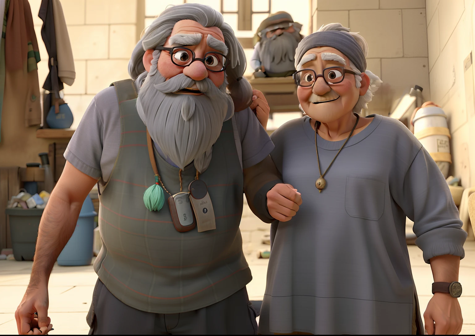 An old wise bearded rascal getting beaten up dressed like a beggar, A smart wise old woman wearing a grey long-sleeved t-shirt, iluminados pela luz do sol, They both live in a garbage dump