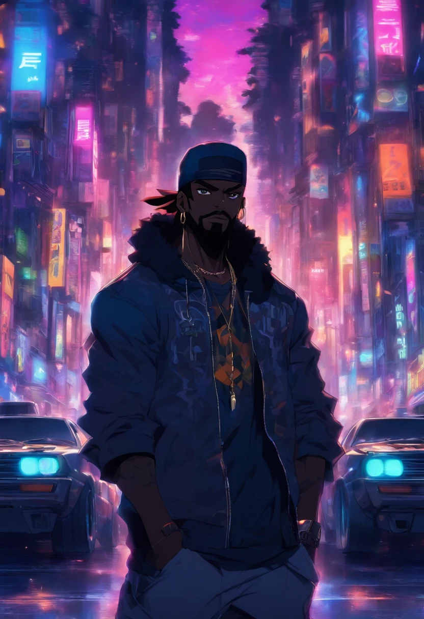 black man standing in a city full of sound speakers, black skin, wearing a cap, very short black beard, standing next to a car