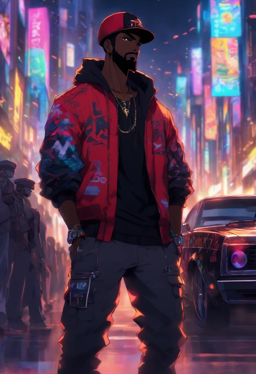 black man standing in a city full of sound speakers, black skin, wearing a cap, very short black beard, standing next to a car