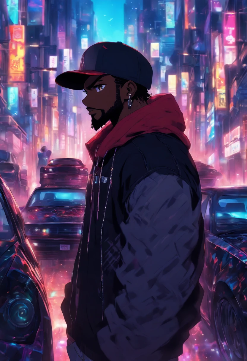 black man standing in a city full of sound speakers, black skin, wearing a cap, very short black beard, standing next to a car
