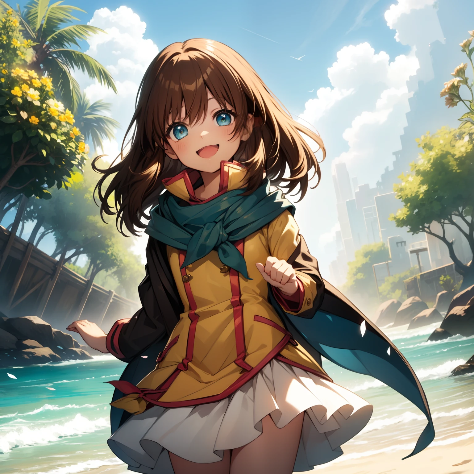 solo, happiness, dynamic lighting, masterpiece, cute lonesome flower girl at the beach, holding flowers, dancing, laughing, XD, skinny, thin, young, school outfit, short skirt, blue scarf, brown hair, glowing shiny magical blue eyes, looking down at viewer, from below,