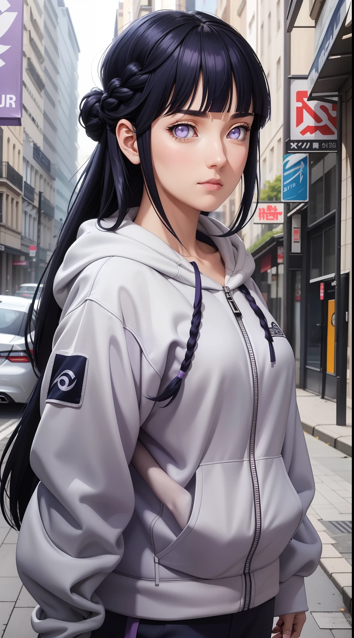 masterpiece, best quality, ultra-detailed, illustration,1girl,
long hair, dark blue hair, french braid, purple eyes, blunt bangs,
Wearing Streetwear Hoodie, stylish,
medium breast,
looking at viewer, hinata\(shippuden\)