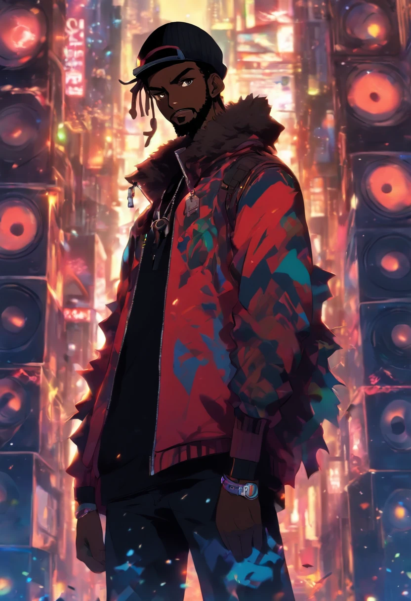 tall black man standing in a city full of sound speakers, black skin, cheeky grin, wearing a black cap, very short black beard, high resolution