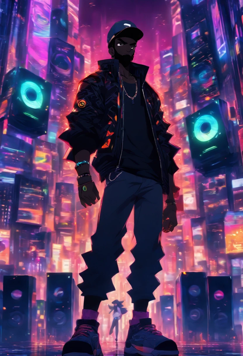 tall black man standing in a city full of sound speakers, black skin, cheeky grin, wearing a black cap, very short black beard, high resolution