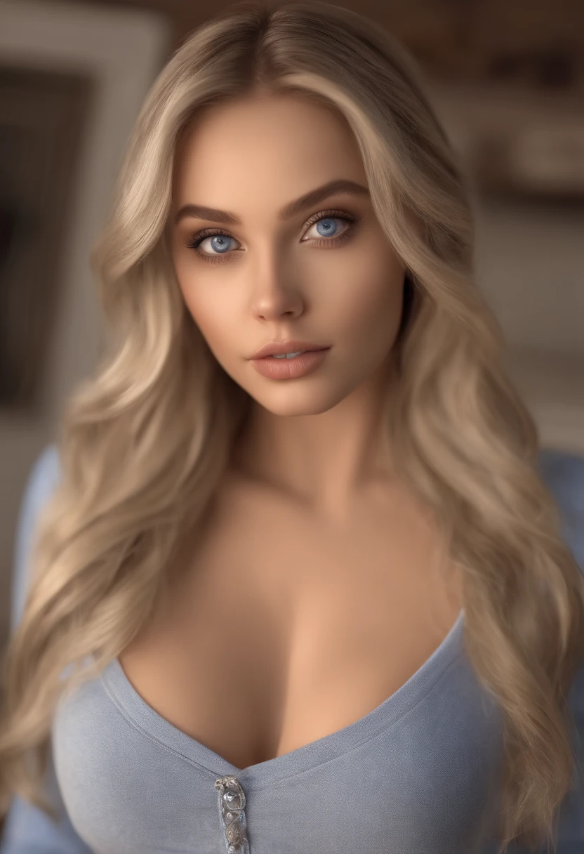 arafed woman fully , sexy girl with blue eyes, ultra realistic, meticulously detailed, portrait sophie mudd, blonde hair and large eyes, selfie of a young woman, bedroom eyes, violet myers, without makeup, natural makeup, looking directly at the camera, face with artgram, subtle makeup, stunning full body shot standing in kitchen, large hips, very large bust, in kitchen,