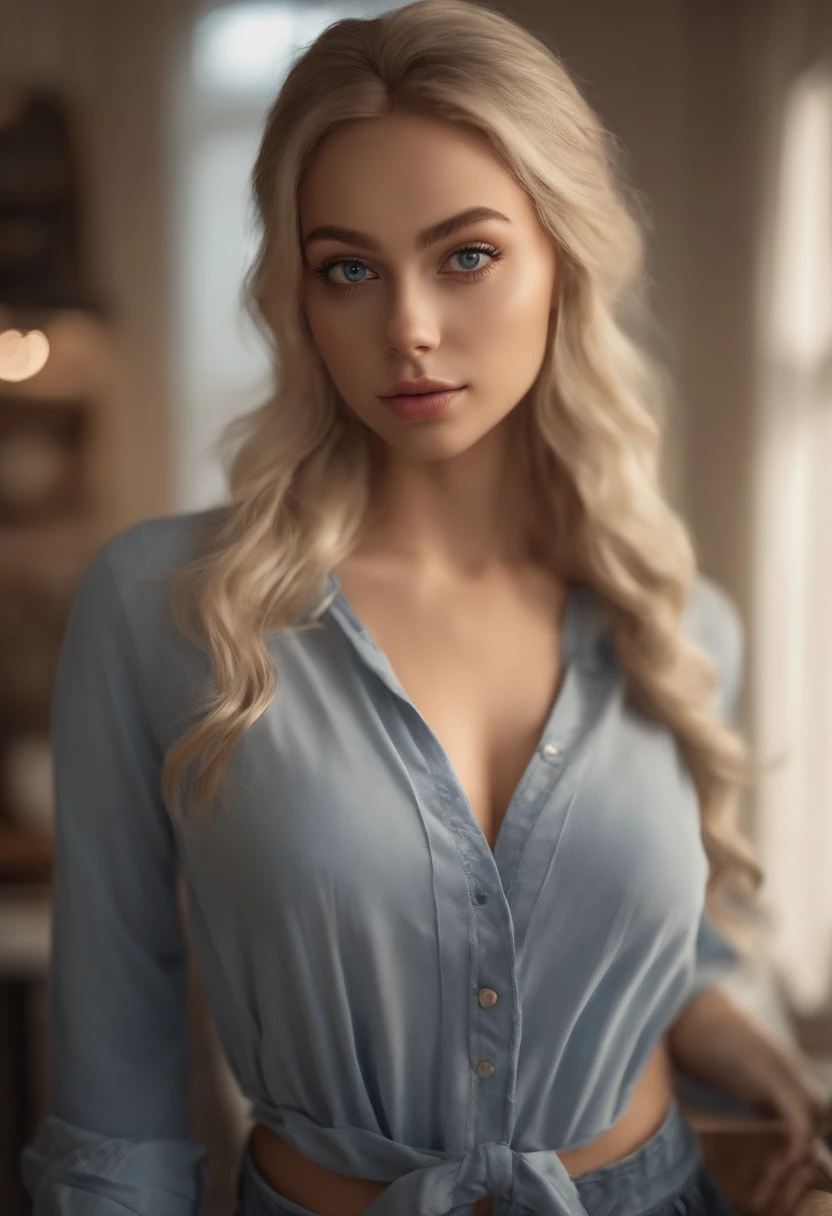 arafed woman fully , sexy girl with blue eyes, ultra realistic, meticulously detailed, portrait sophie mudd, blonde hair and large eyes, selfie of a young woman, bedroom eyes, violet myers, without makeup, natural makeup, looking directly at the camera, face with artgram, subtle makeup, stunning full body shot standing in kitchen, large hips, very large bust, in kitchen,