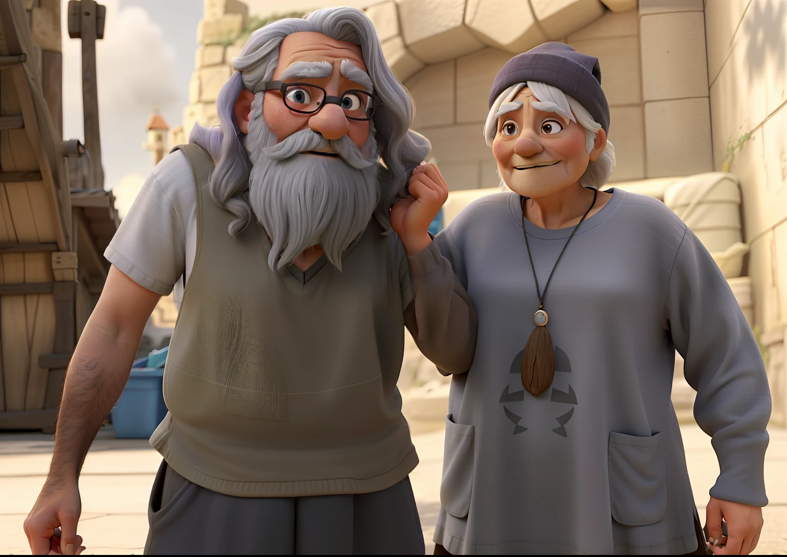 An old wise bearded rascal getting beaten up dressed like a beggar, A beautiful and brave smart wise old woman wearing a grey long sleeve t-shirt, iluminados pela luz do sol, with the background of a garbage dump