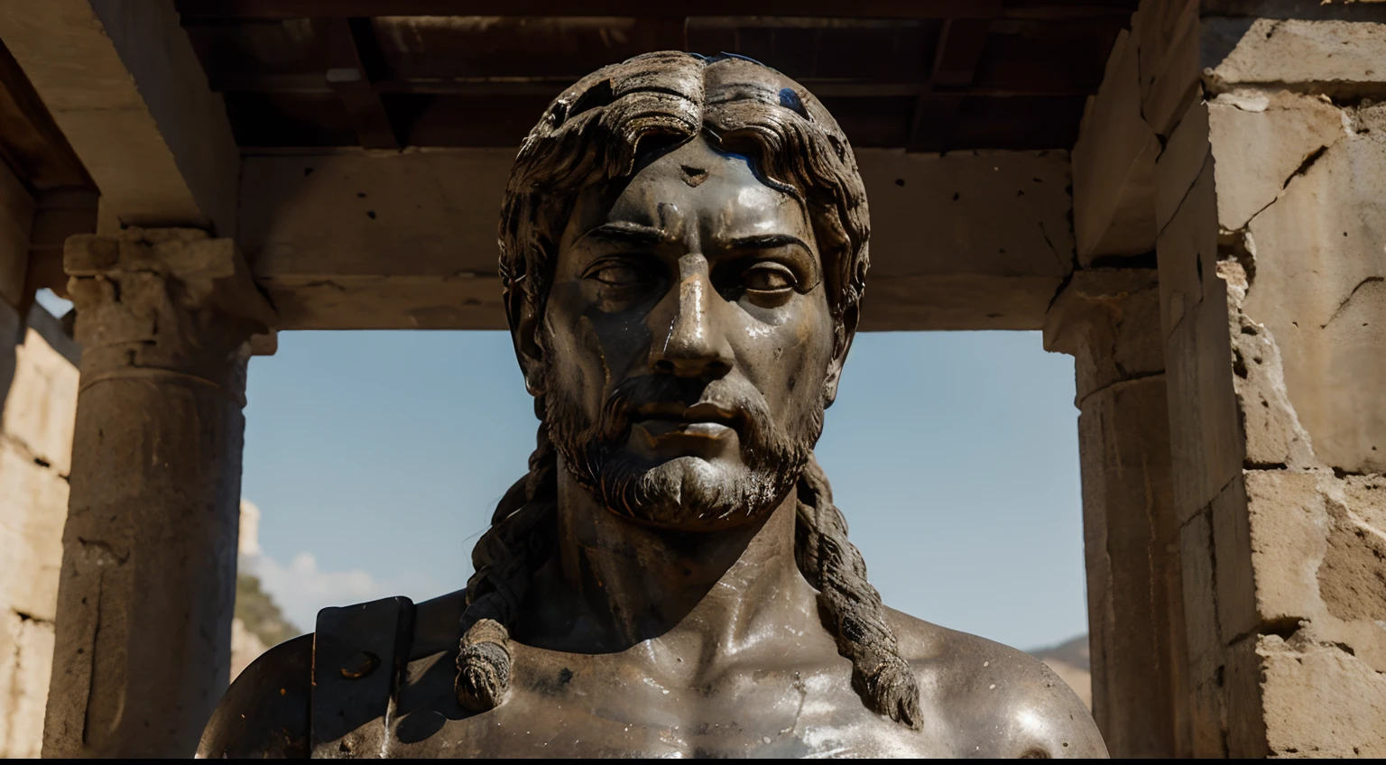 Ancient Stoic Statue With Very Angry Expression, tem barba, muitos detalhes em ambos os olhos, Outside, fundo atenas grego, open sky, com rosto extremamente detalhado full body view, Colors with low saturation with dark tone, Filmado em Sony A7S III com Sony FE 35mm f/1.8, 12.1 MP, --AR 3:2 --estilo cru