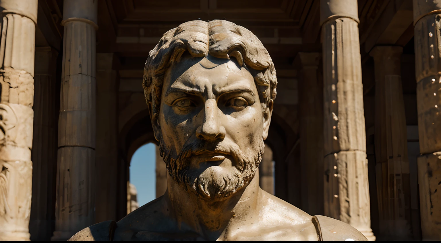 Ancient Stoic Statue With Very Angry Expression, tem barba, muitos detalhes em ambos os olhos, Outside, fundo atenas grego, open sky, com rosto extremamente detalhado full body view, Colors with low saturation with dark tone, Filmado em Sony A7S III com Sony FE 35mm f/1.8, 12.1 MP, --AR 3:2 --estilo cru