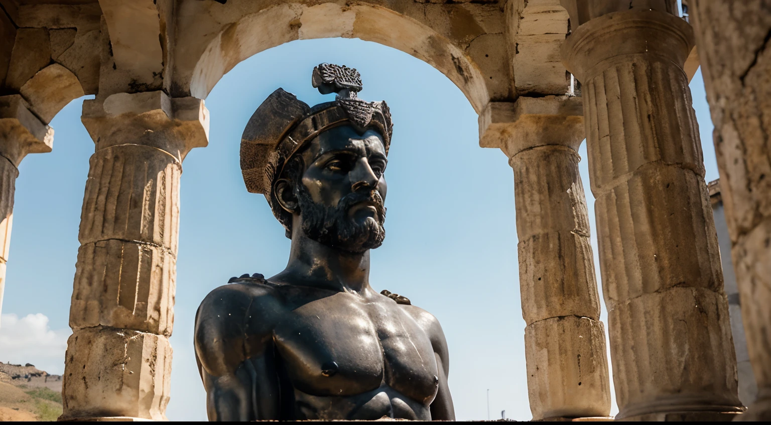 Ancient Stoic Statue With Very Angry Expression, tem barba, muitos detalhes em ambos os olhos, Outside, fundo atenas grego, open sky, com rosto extremamente detalhado full body view, Colors with low saturation with dark tone, Filmado em Sony A7S III com Sony FE 35mm f/1.8, 12.1 MP, --AR 3:2 --estilo cru