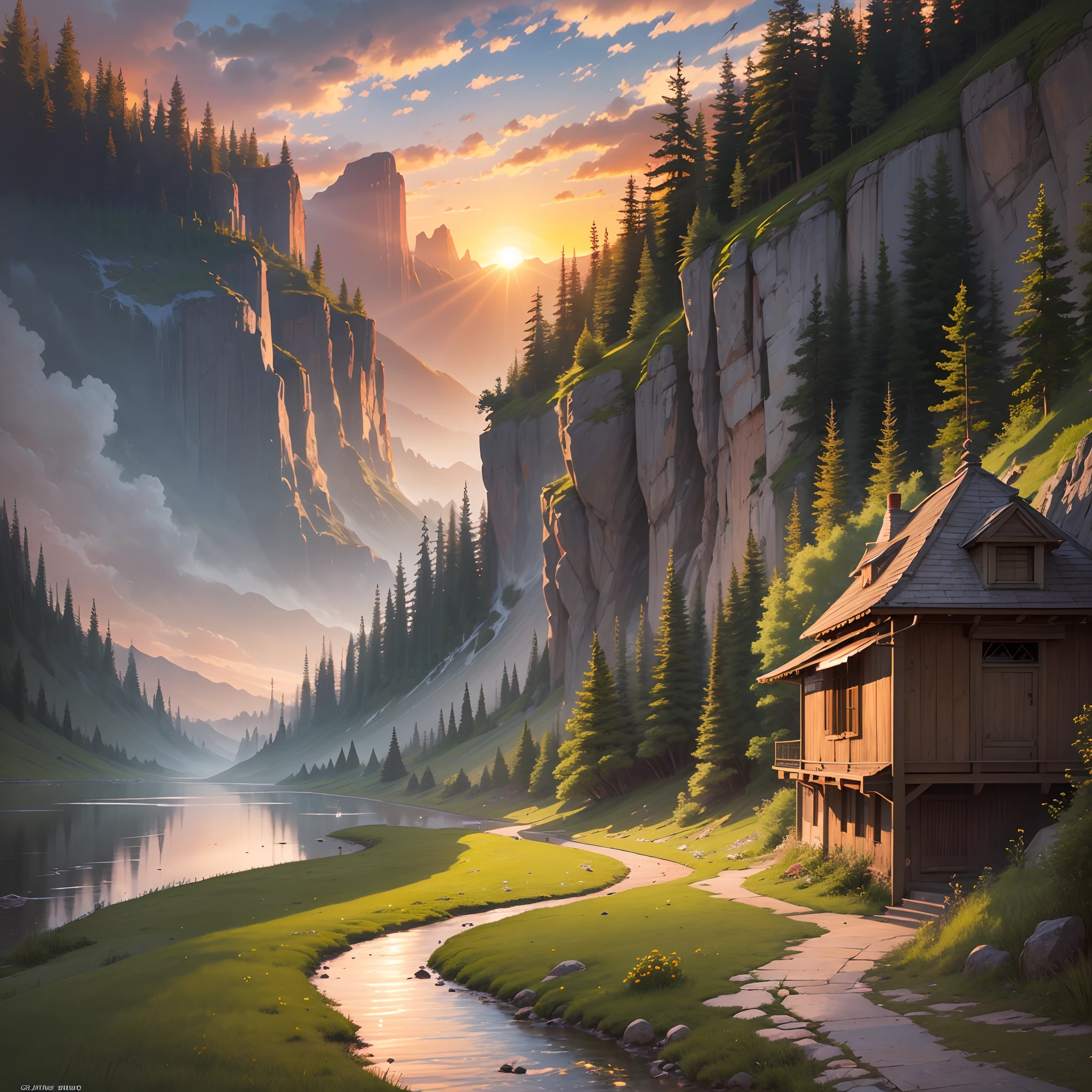A serene natural landscape with a stunning sunset. --auto --s2