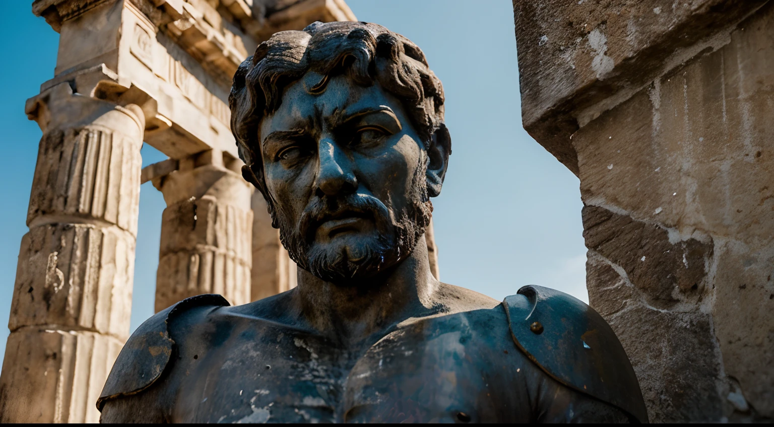 Ancient Stoic Statue With Very Angry Expression, tem barba, muitos detalhes em ambos os olhos, Outside, fundo atenas grego, open sky, com rosto extremamente detalhado full body view, Colors with low saturation with dark tone, Filmado em Sony A7S III com Sony FE 35mm f/1.8, 12.1 MP, --AR 3:2 --estilo cru