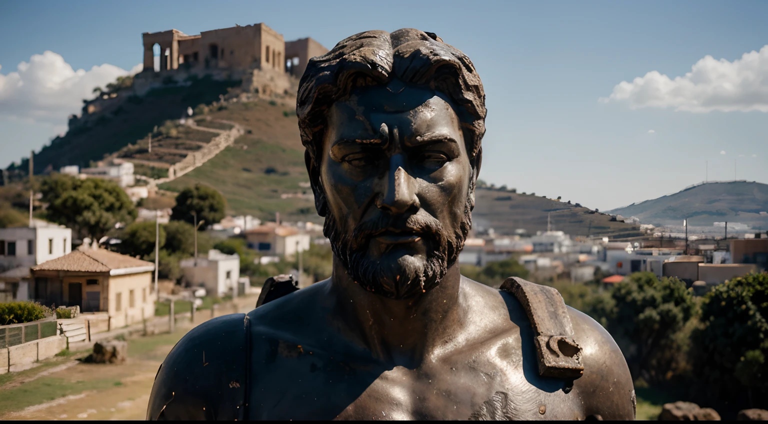 Ancient Stoic Statue With Very Angry Expression, tem barba, muitos detalhes em ambos os olhos, Outside, fundo atenas grego, open sky, com rosto extremamente detalhado full body view, Colors with low saturation with dark tone, Filmado em Sony A7S III com Sony FE 35mm f/1.8, 12.1 MP, --AR 3:2 --estilo cru