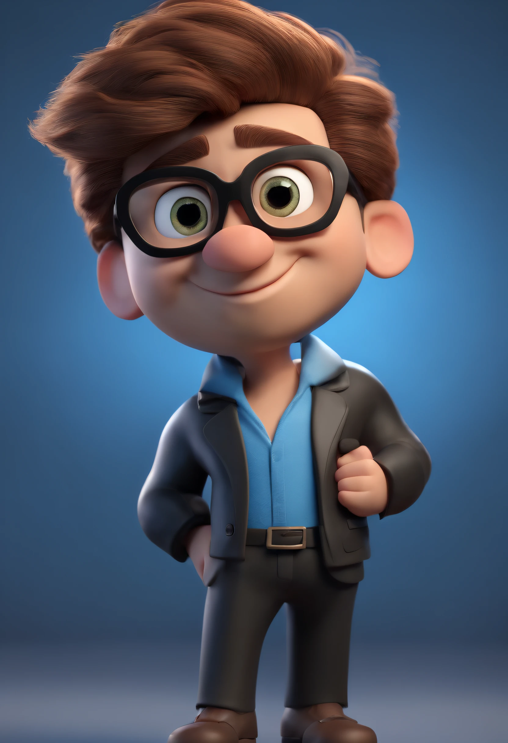 Cartoon character of a man wearing black glasses and a blue shirt, um personagem animado, Caractere estilizado, animation style rendering, 3D estilizado, Arnold Maya render, 3 d render stylized, toon render keyshot, Personagem 3D, Personagem 3D, 3d rendering stylized, 3 d character render, personagem de desenho animado, Personagem de close up, Pose de personagem, (Estilo Pixar) (master part:1.2) (Bokeh) (best quality) (pele detalhada) (textura detalhada) (8k) (argila) (Cinematic lighting) (foco nítido,Senta e vaza a parte superior do corpo