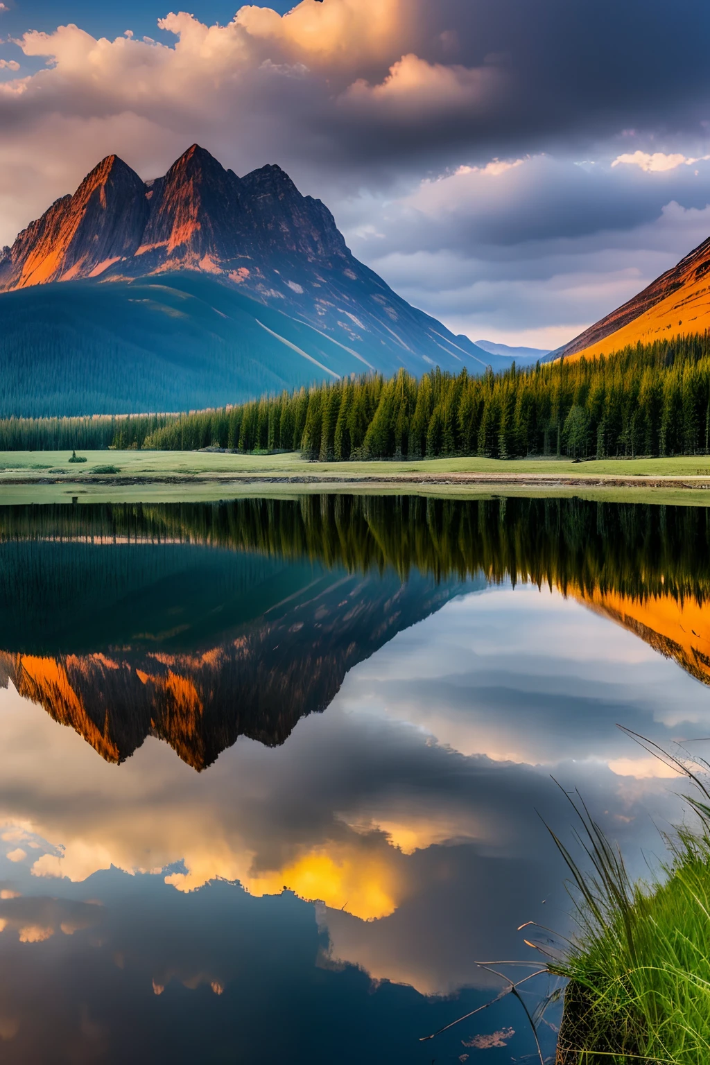 Magnificent landscape reflection, on the largest natural mirror, highly detailed, breathtaking, inspired by the style of Ken Duncan well known as the pioneer of landscape, in making use of dodging and burning to edit a landscape image.