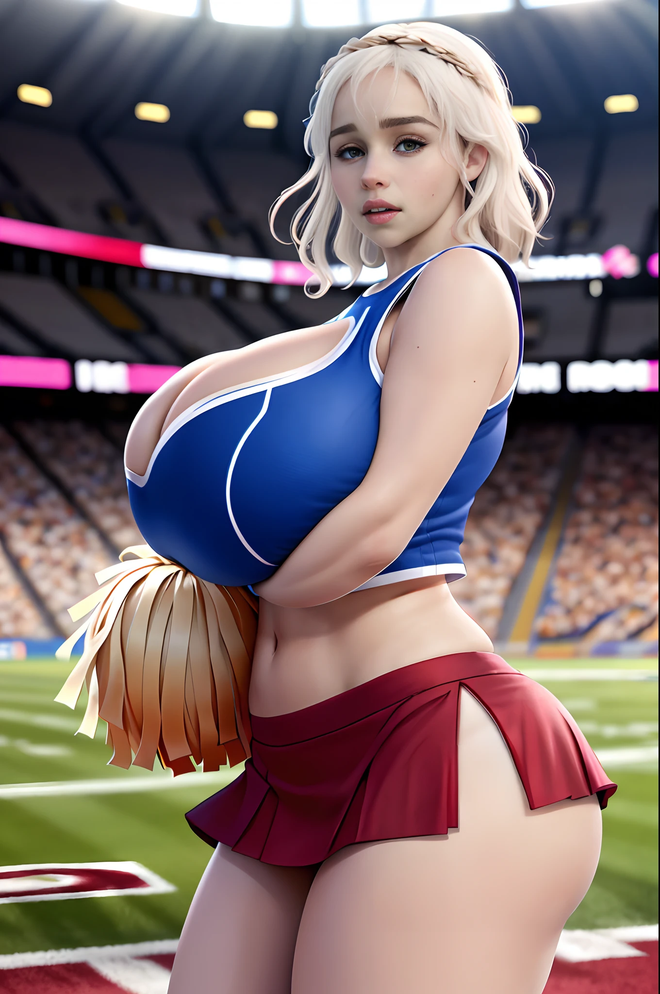 Emilia Clarke, masterpiece quality, realistic, lots of detail, sunny day, cheerleader outfit, pleated miniskirt, super short miniskirt. crop top, in sports stadium, on football field, thin body, huge breasts, (huge breasts:1.5), under-boob showing, big butt, hourglass figure,