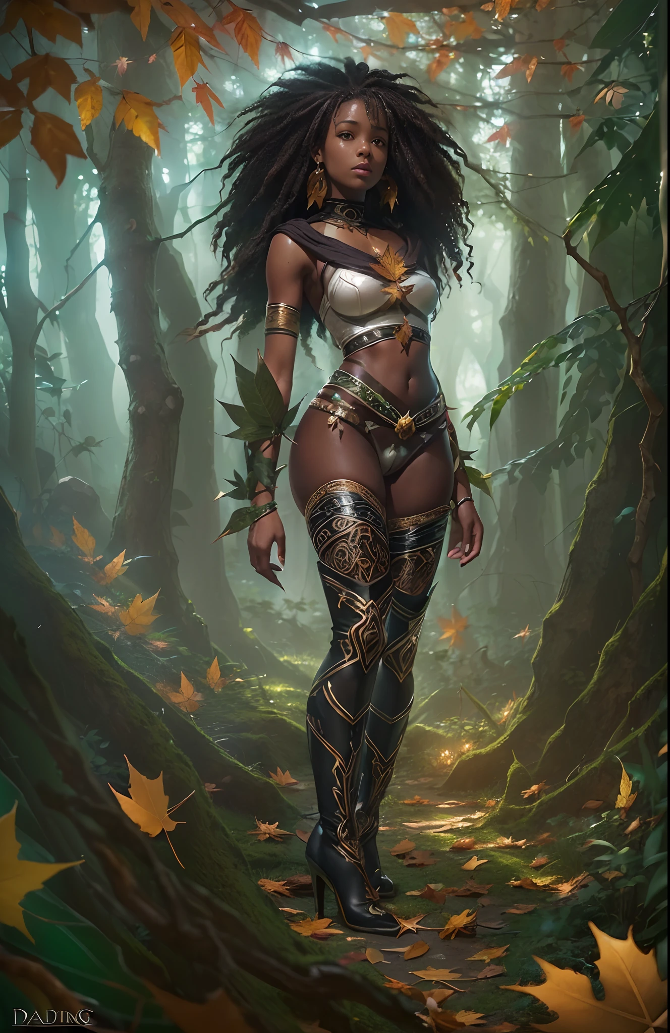 ((16-year-old))) black girl, (((light skin))), druid, magical aura surrounding her, she is in the forest with monsters surrounding her, (((thigh gap))), (((cameltoe))), (((close-up full body pose))), long black wavy hair, high heel boots, (((wearing leaves))), (((Dungeons and Dragons style art))), fantasy art, Rich, Deep Colours, (intricate details:0.9), (HDR, hyper-detailing:1.2), (natural skin textures, hyper realisitc, soft light, Sharp),