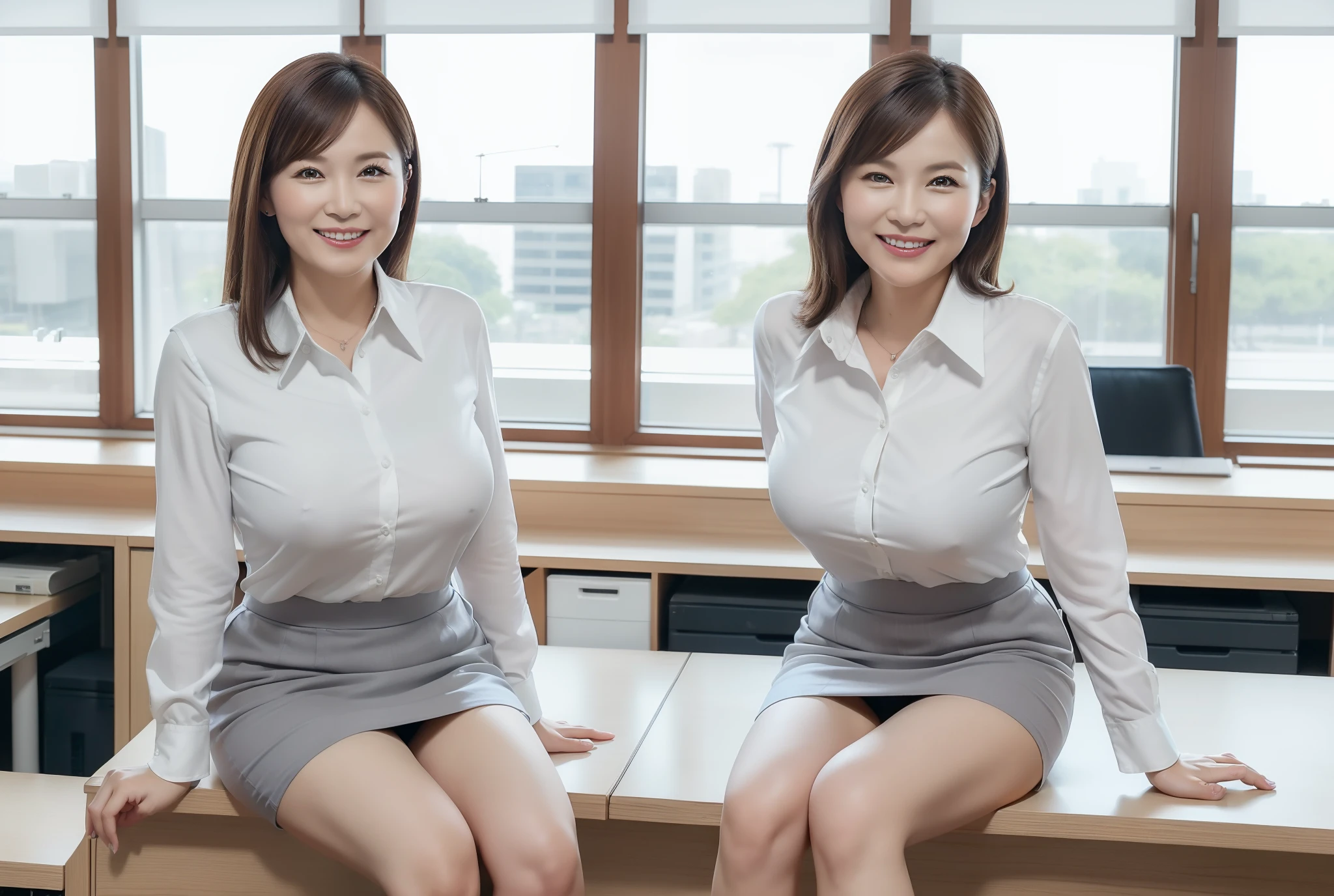 ((Best Quality, 8k, Masterpiece, Portrait: 1.3)), (looking at viewer), (full shot:0.85), attractive business 3 milfs, 3 people, white collared shirt, grey skirt, (big pelvis:0.5), (sitting with cross legs on office desks)), smile:0.2, office of CEO,