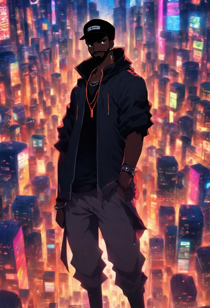 tall black man standing in a city full of sound speakers, black skin, troublesome smile, wearing a black cap,  short black beard, short hair, high resolution