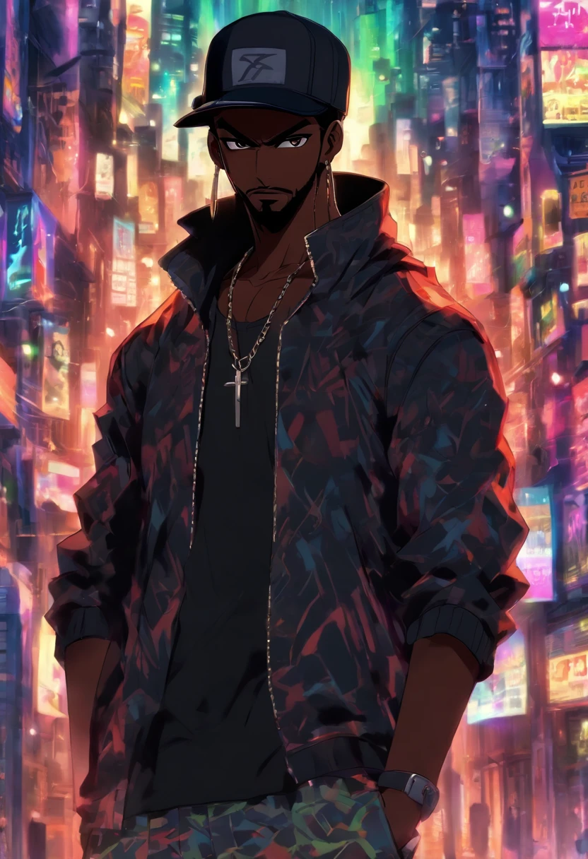 tall black man standing in a city full of sound speakers, black skin, troublesome smile, wearing a black cap,  short black beard, short hair, high resolution