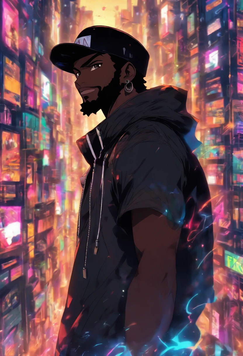 tall black man standing in a city full of sound speakers, black skin, troublesome smile, wearing a black cap, short black beard, short hair, high resolution