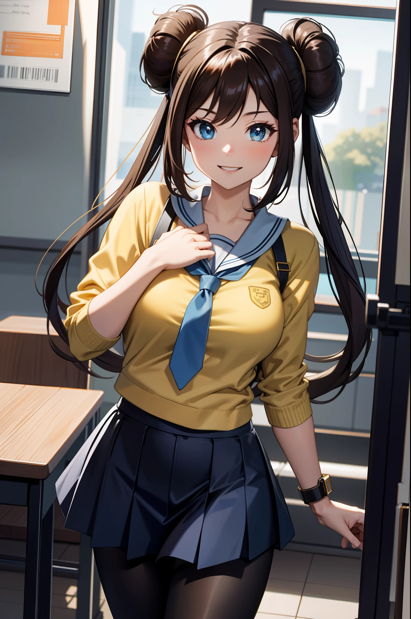 perfect eyes:1.2, detailed eyes:1.4, ro1, hair bun, smile, yotsuya miko cosplay, yellow sweater, school uniform, blue tie, blue skirt, black leggings, blue eyes, twintails, long hair, pantyhose, school, 1girl, solo, (masterpiece:1.6, best quality), 8k, insane details, intricate details, hyperdetailed, hyper quality, high detail, ultra detailed, professional, HDR, ray tracing reflection, cinematic lighting,