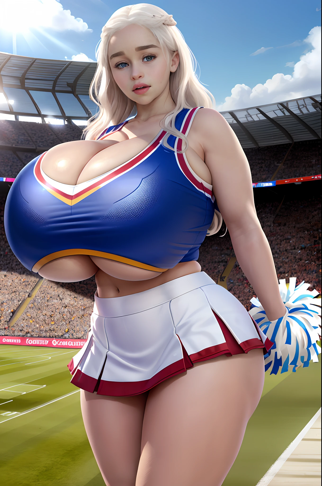 Emilia Clarke, masterpiece quality, realistic, lots of detail, sunny day, cheerleader outfit, pleated miniskirt, super short miniskirt. crop top, in sports stadium, on football field, thin body, huge breasts, (huge breasts:1.9), big butt, hourglass figure, lots of cleavage,