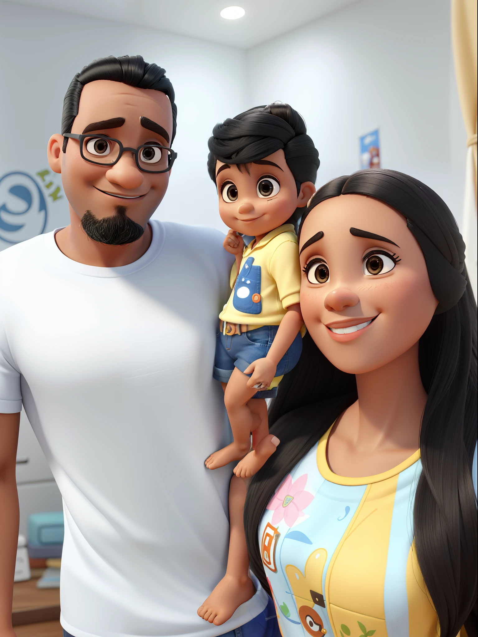 post estilo mundo pixar Disney Um homem de 40 anos alto magro pele parda cabelo cortado dos lados e muito encaracolados em cima preto, pouco cavanhaque, olhos castanhos escuro, 1 year old baby black straight hair, mulher cabelo liso logo preto estilo mundo pixar, Alta qualidade 3d 4k