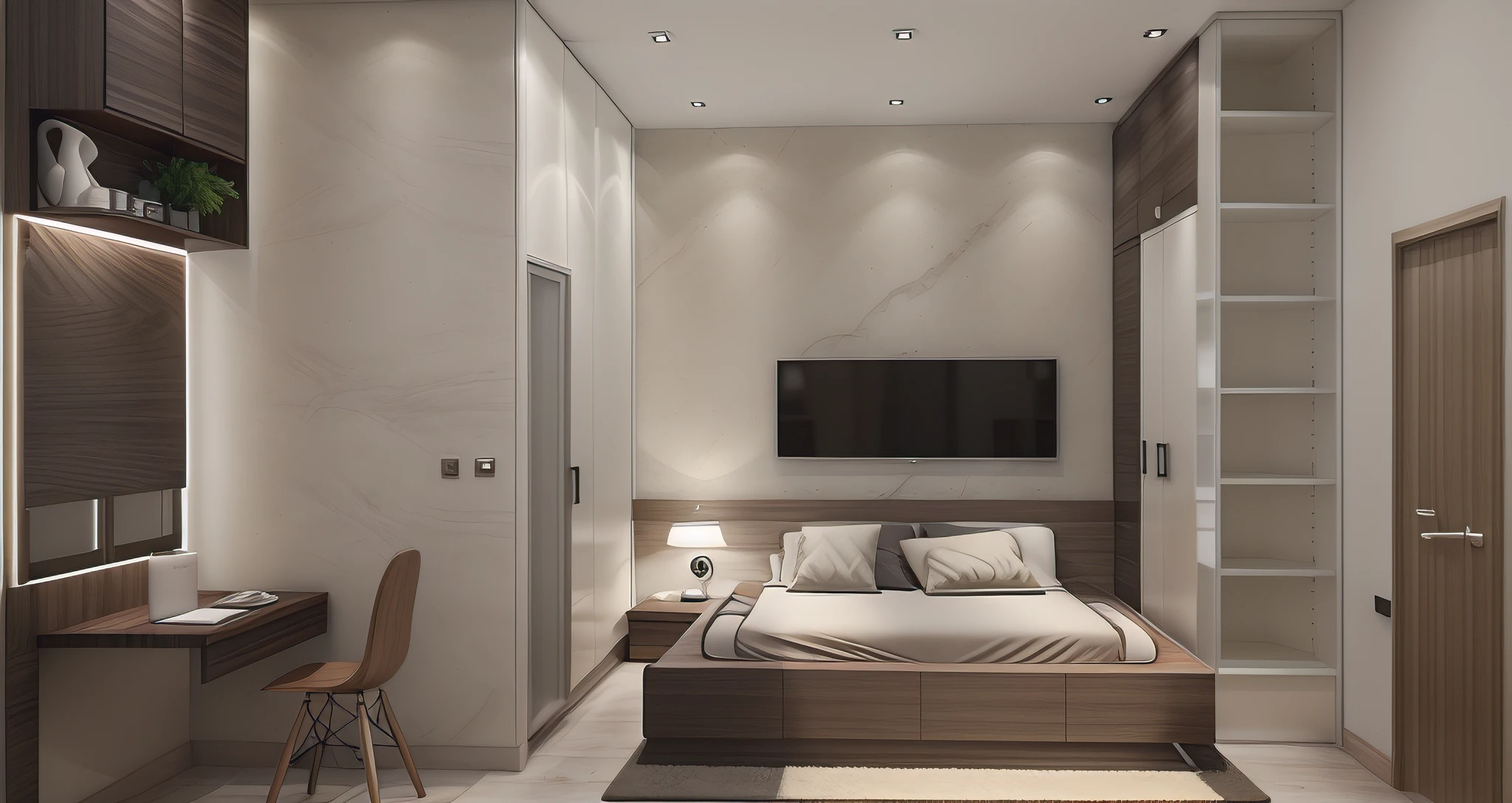((Best quality, 8k, Masterpiece :1.3)), Sharp focus :1.2, (photo realisstic: 1.2), (hyperdetails: 1.2), sunset, bedroom, white wall , dynamic (RAW photo, best quality, masterpiece:1.2), detailed, (hyper realistic, photo-realistic:1.2), high quality, (dark lighting:1.2), perfect lighting, archdaily, floor wood, window, 1 chair and table, cabinet, wardrobe combined with bed, white color wall, frame paint on the wall, 3d max render