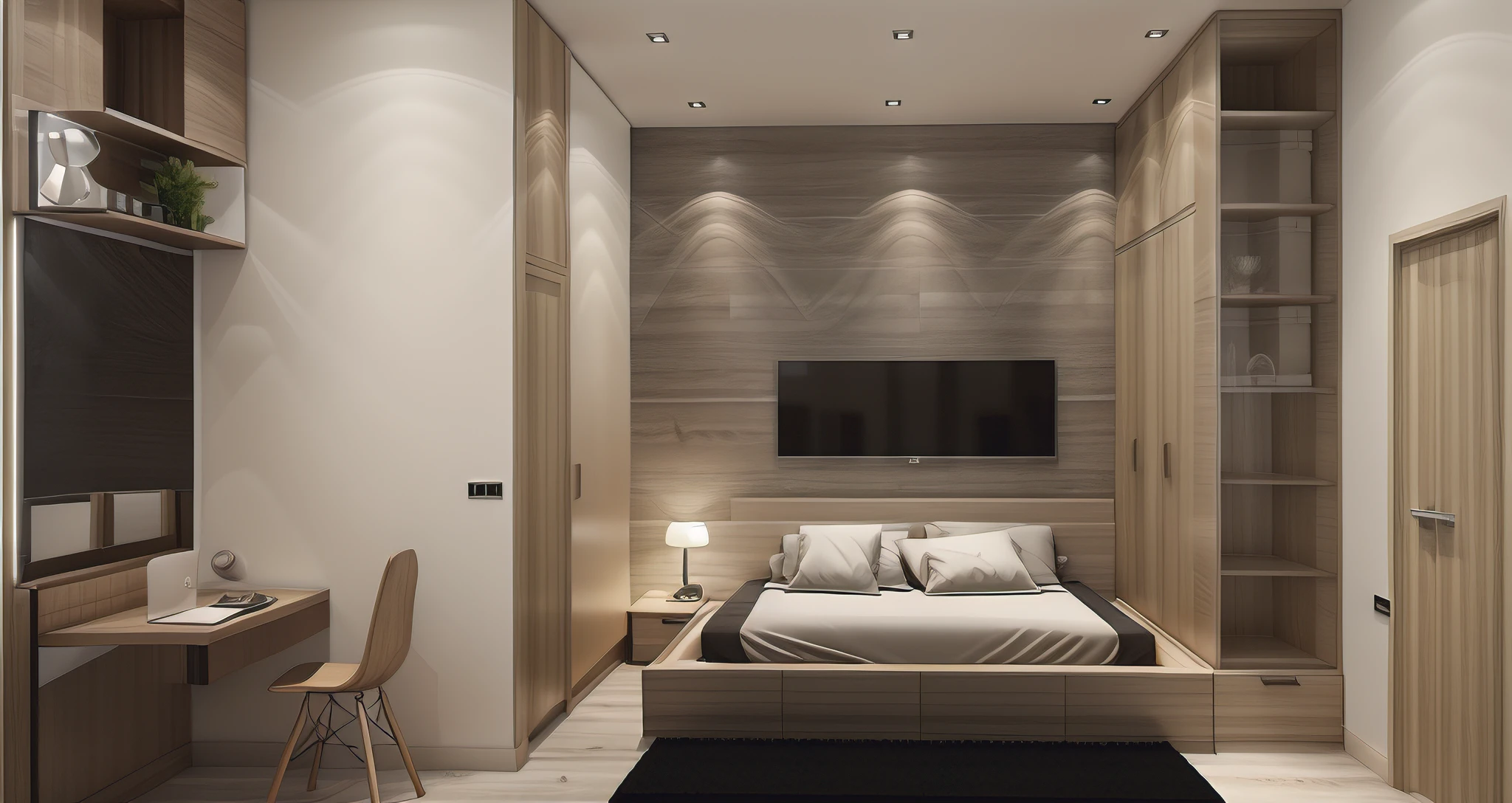 ((Best quality, 8k, Masterpiece :1.3)), Sharp focus :1.2, (photo realisstic: 1.2), (hyperdetails: 1.2), sunset, bedroom, white wall , dynamic (RAW photo, best quality, masterpiece:1.2), detailed, (hyper realistic, photo-realistic:1.2), high quality, (dark lighting:1.2), perfect lighting, archdaily, floor wood, window, 1 chair and table, cabinet, wardrobe combined with bed, white color wall, frame paint on the wall, 3d max render