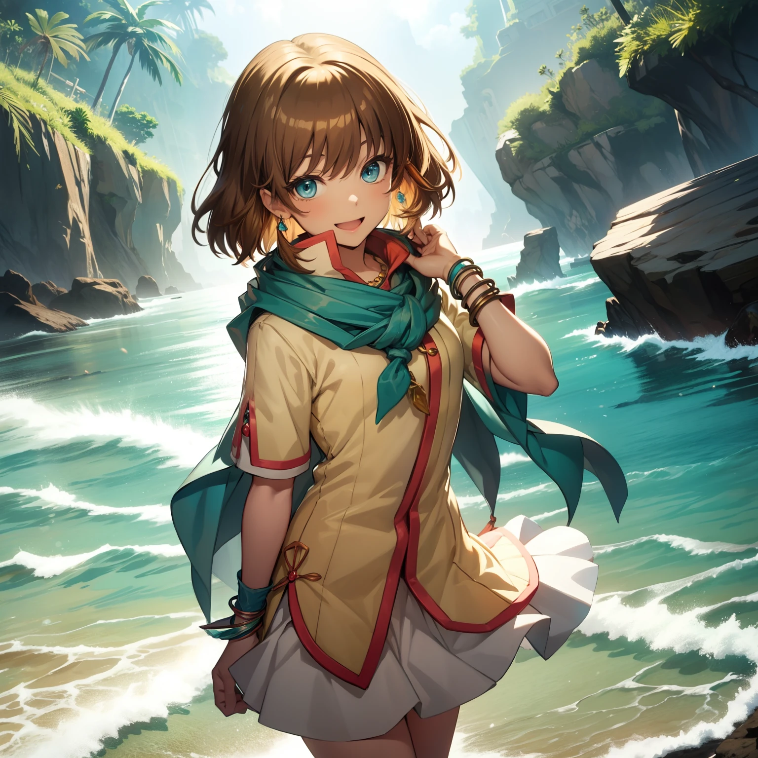 solo, happiness, dynamic lighting, masterpiece, ocean landscape background, cute lonely flower 1girl princess, holding flowers, dancing, laughing, XD, flat chest, skinny, thin, ((young)), school outfit, short skirt, blue scarf, brown hair, luxurious jewelries, necklaces, pendants, bracelets, earrings, tiara, glowing shiny magical blue eyes, looking down at viewer, from below,