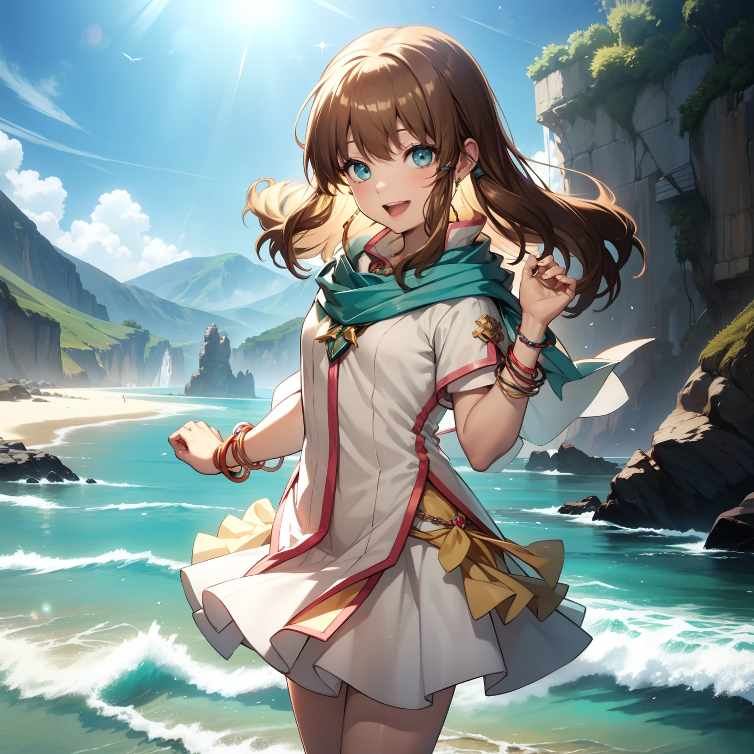 solo, happiness, dynamic lighting, masterpiece, ocean landscape background, cute lonely flower 1girl princess, holding flowers, dancing, laughing, XD, flat chest, skinny, thin, ((young)), school outfit, short skirt, blue scarf, brown hair, luxurious jewelries, necklaces, pendants, bracelets, earrings, tiara, glowing shiny magical blue eyes, looking down at viewer, from below,