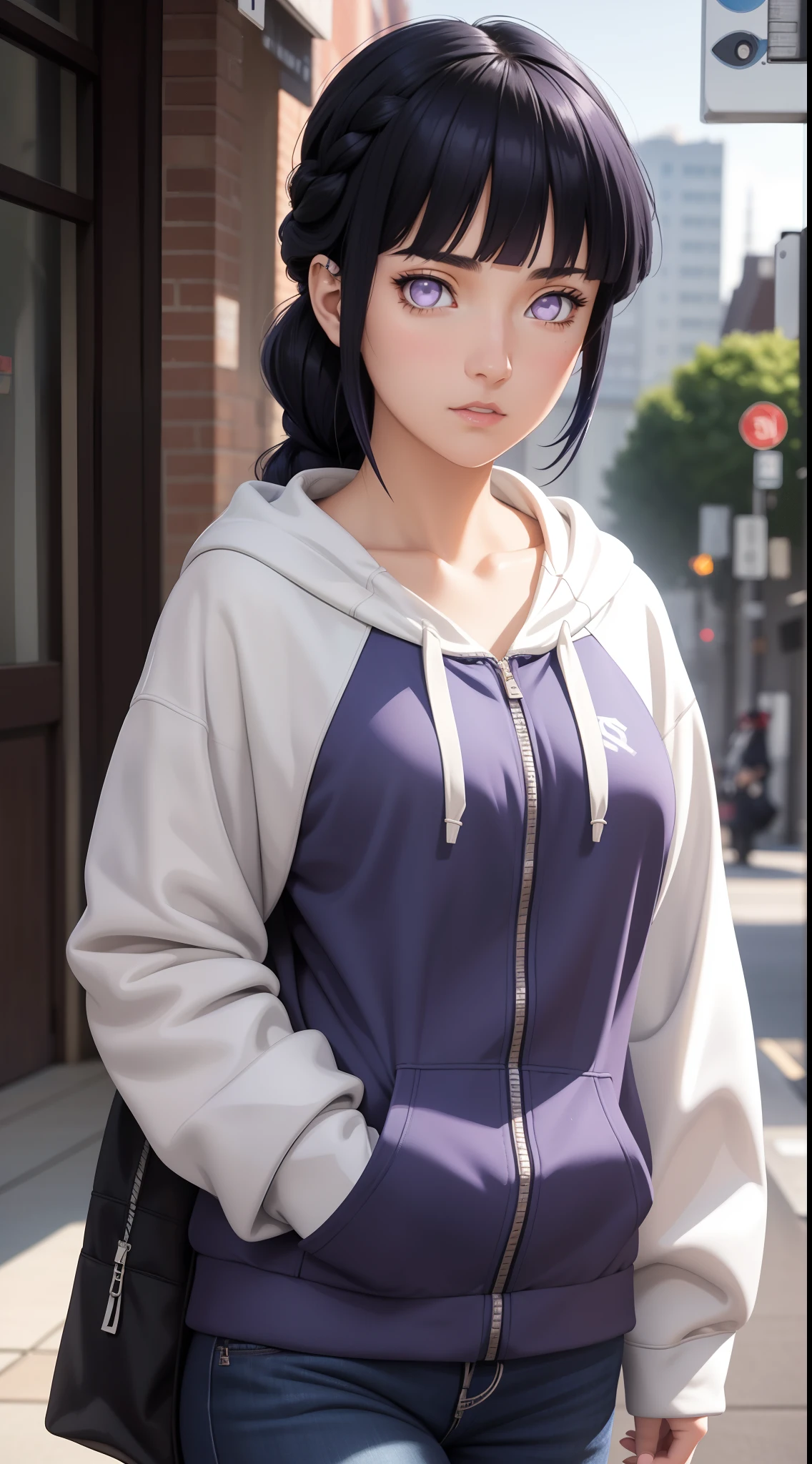 masterpiece, best quality, ultra-detailed, illustration,1girl,
long hair, dark blue hair, french braid, purple eyes, blunt bangs, 
Wearing Streetwear Hoodie, stylish,
medium breast,  
looking at viewer, hinata\(shippuden\)