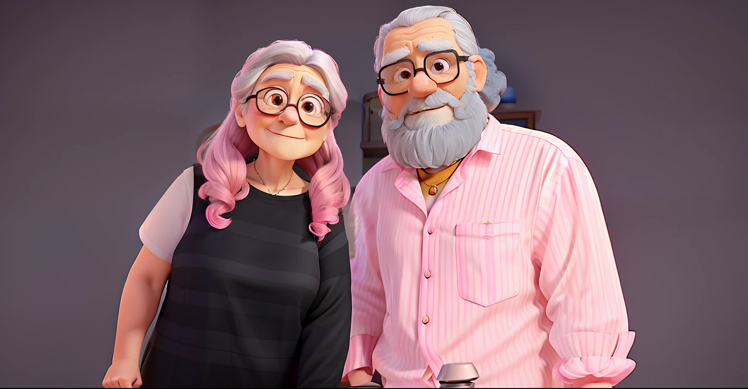 A beautiful wise smart old woman wearing a black t-shirt, A bearded wise old man wearing a white dress shirt with pink stripes, illuminated by the light of a lamp